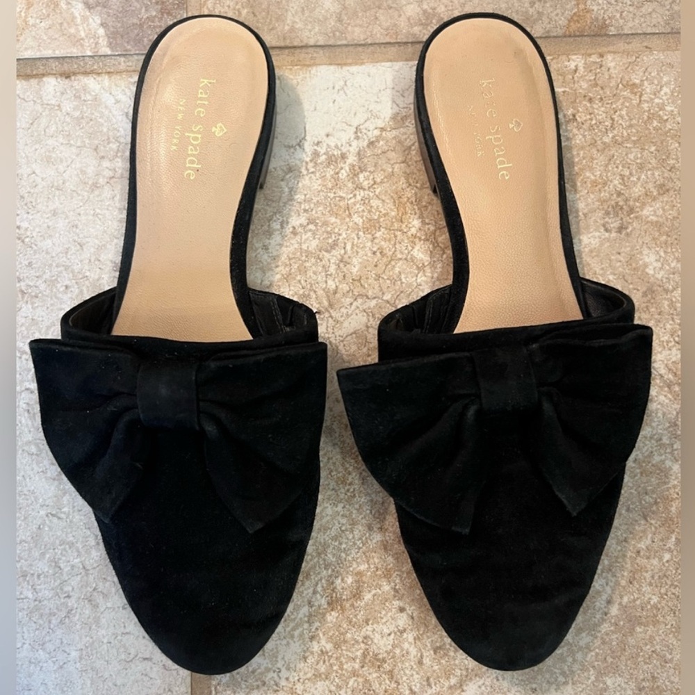 Kate Spade Madras Black Suede Bow Mules - Picture 4 of 4